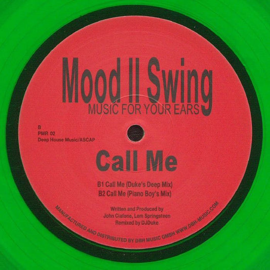 Portada trasera del vinilo 12" verde edición limitada de Mood II Swing - Move Me, lanzado por Power Music Records. Incluye lista de canciones y créditos.
