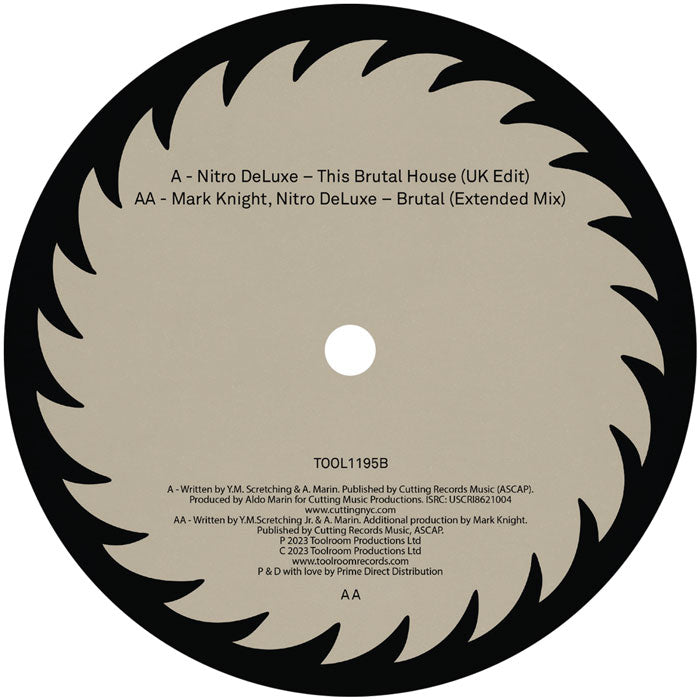 Lado B del vinilo Nitro Deluxe / Mark Knight – This Brutal House, marcado AA, con tracklist, créditos y catálogo TOOL1195B.