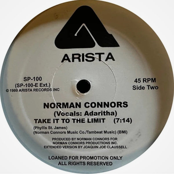 Etiqueta del vinilo Norman Connors – Take It To The Limit lado B, 45 RPM Arista, duración extendida 7:14 con producción original.