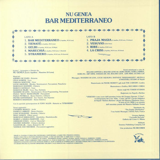 Portada trasera del vinilo Bar Mediterraneo de Nu Genea, editado por NG Records en LP. Lista de canciones, créditos y detalles técnicos del álbum.