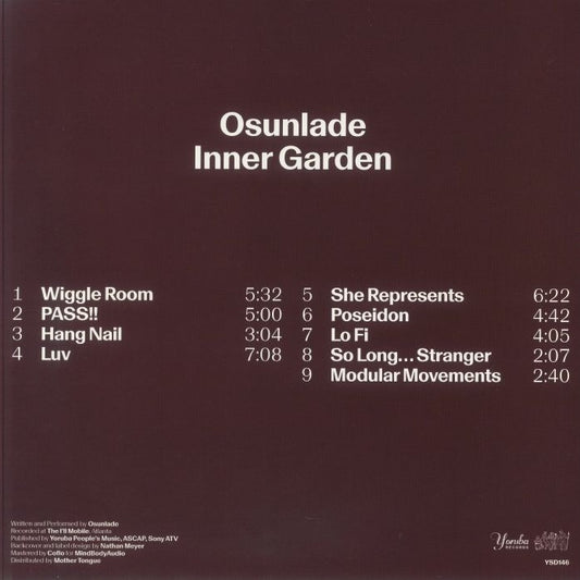 Contraportada del vinilo Osunlade – Inner Garden en LP de Yoruba Records, lista de pistas, créditos y duración de canciones.