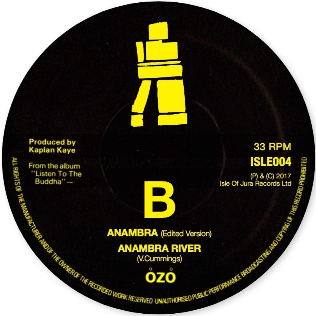 Etiqueta del lado B del vinilo Ozo – Anambra mostrando los temas “Anambra (Edited Version)” y “Anambra River”, con diseño gráfico amarillo sobre fondo negro.