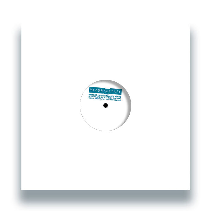 Funda frontal del vinilo Pete Blaker – Pete Blaker Edits en formato 12", con diseño minimalista en blanco y etiqueta central visible mostrando el nombre del sello Razor-N-Tape.