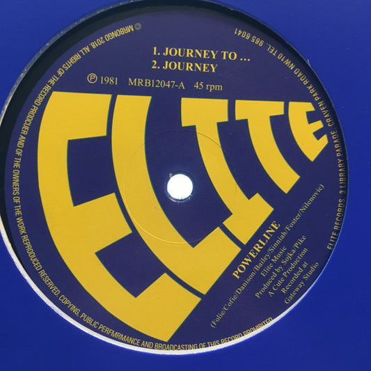 Lado A del vinilo Powerline – Journey / Double Journey, con etiqueta azul, letras amarillas ELITE y catálogo MRB12047-A.