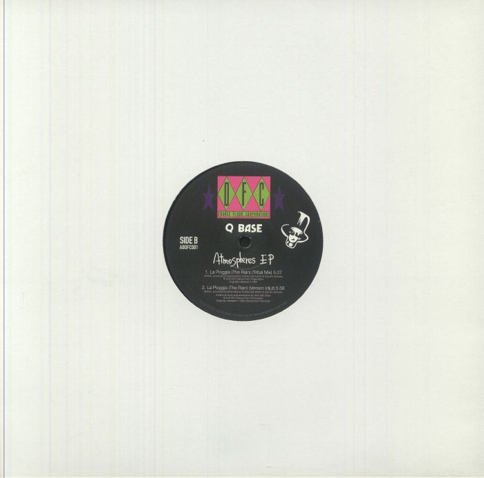 Portada trasera del vinilo de Q Base – Atmosphere EP publicado por el sello DFC. Texto impreso: lado B con los temas “La Pioggia (The Rain)” y créditos del sello.