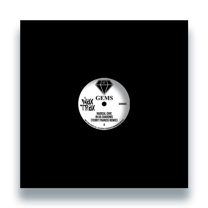 Portada frontal del vinilo de 12" Radical Chic / Space Bunny – In Da Shadows / The Key publicado por Gems. Disco en funda negra con sello blanco centrado.