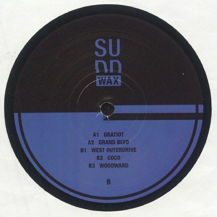 Etiqueta del lado B del vinilo Reggie Dokes – Electronic Dreams (2025 Revision) en formato 12" EP del sello Sudd WAX, mostrando la lista de pistas como “Gratiot”, “Coco” y “Woodward” sobre fondo azul oscuro minimalista.