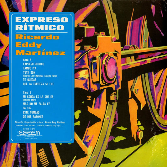 Contraportada del vinilo Ricardo Eddy Martinez – Expreso Rítmico, con pistas y créditos sobre un recuadro azul.