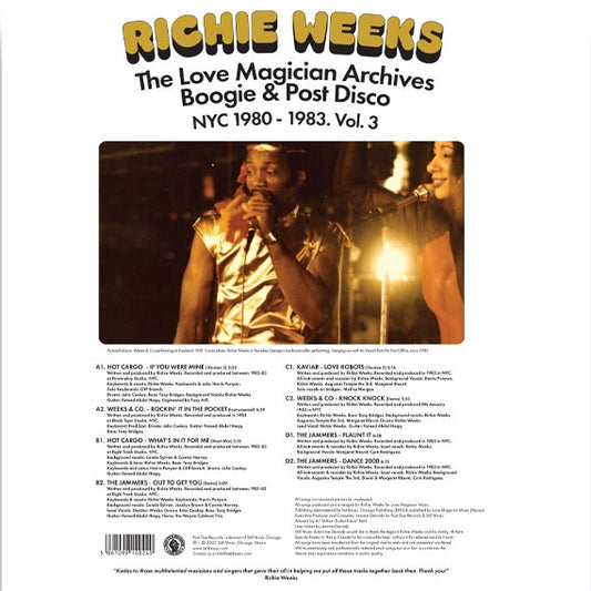 Contraportada del vinilo Richie Weeks – The Love Magician Archives Boogie & Post Disco NYC 1980-1983 Vol. 3 con tracklist y créditos.