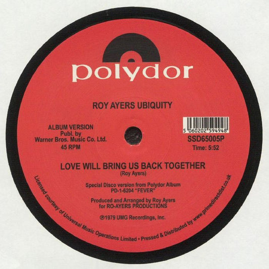 Portada trasera del vinilo “Running Away / Love Will Bring Us Back Together” de Roy Ayers Ubiquity, lanzado bajo el sello South Street Disco en 12".