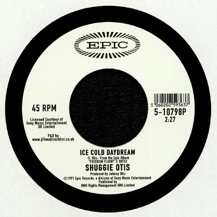Etiqueta central lado B en vinilo 7", 45 RPM de Shuggie Otis – Strawberry Letter 23 / Ice Cold Daydream, reedición Record Store Day por Epic, con pista “Ice Cold Daydream”, duración 2:27, créditos y catálogo 5-10798P.