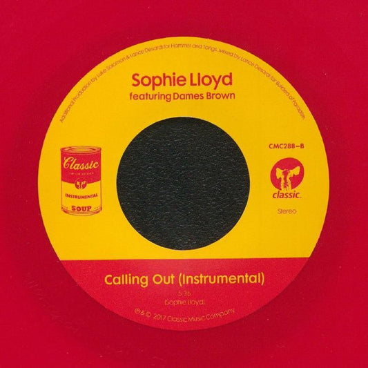 Contraportada del vinilo de Sophie Lloyd y Dames Brown en formato 7", edición roja reimpresa bajo Classic. Texto impreso: "Calling Out – Instrumental".