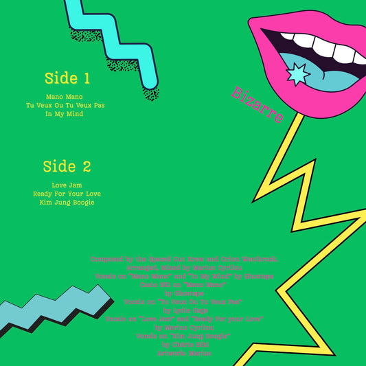Contraportada del vinilo Spaced Out Krew & Orion Westbrook – Friends, Love, Freak con tracklist, créditos y labios.
