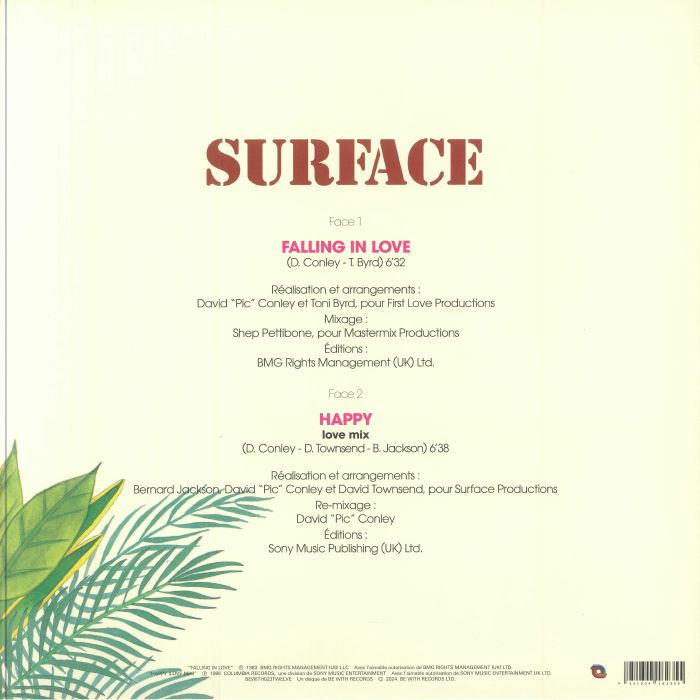 Contraportada del sencillo en vinilo, "Falling In Love" de Surface, lanzado bajo el sello Be With Records. Incluye créditos y listado de pistas en vinilo.
