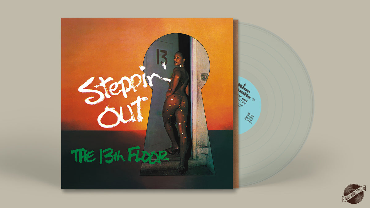 Vinilo transparente natural del LP The 13th Floor – Steppin' Out, etiqueta central azul, edición remasterizada de Regrooved Records.