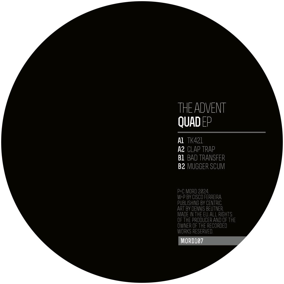 Etiqueta central lado B del vinilo The Advent – Quad EP en Mord, diseño minimal con listado de pistas y créditos del 12" EP.