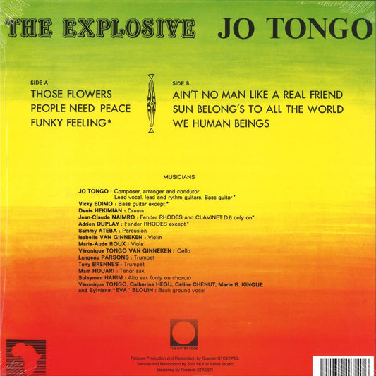 Contraportada del vinilo The Explosive Jo Tongo – Those Flowers, LP reedición The Outer Edge, tracklist lado A y B, músicos y créditos sobre fondo degradado.