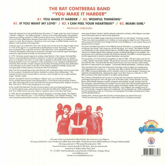 Contraportada del vinilo The Ray Contreras Band – You Make It Harder con créditos completos, historia de la banda, lista de canciones y logo de Past Due.
