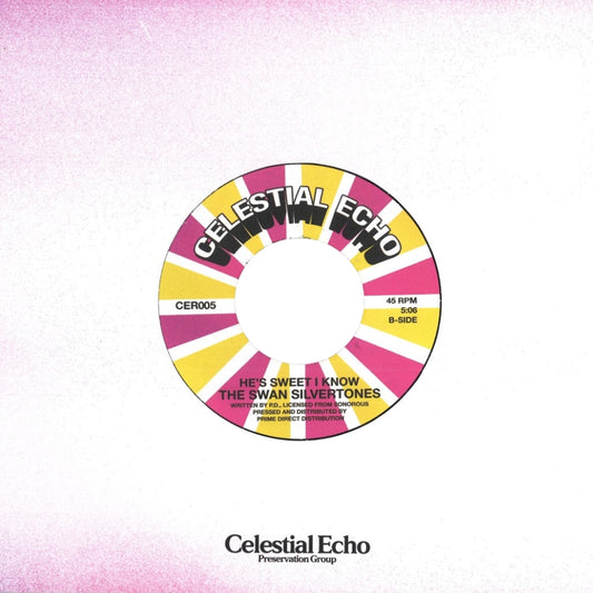 Contraportada del vinilo 7" de The Swan Silvertones, editado por Celestial Echo. Texto impreso: “He’s Sweet I Know”.