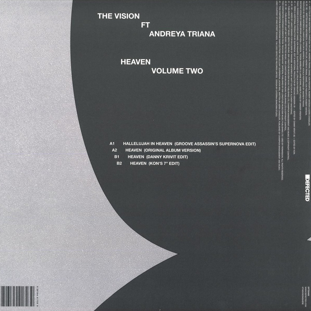 Contraportada del vinilo The Vision Ft. Andreya Triana – Heaven (Volume Two) con listado de pistas del sello Defected en 12" sobre diseño minimalista gris y negro.