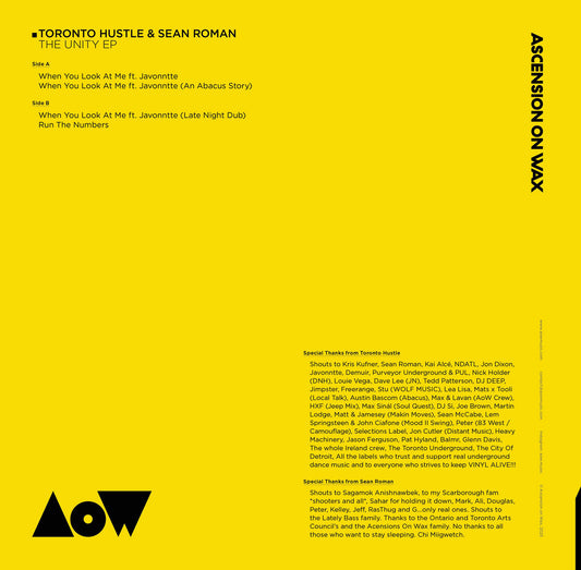 Contraportada del vinilo Toronto Hustle & Sean Roman – The Unity EP (12", 180g), con créditos, agradecimientos y lista de temas en fondo amarillo vibrante.