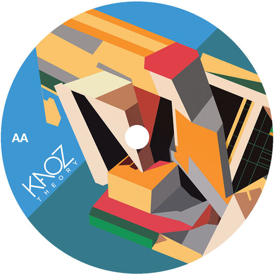 Etiqueta central lado AA del vinilo Tuccillo – First Summer EP editado por Kaoz Theory, con diseño abstracto geométrico en tonos naranjas, verdes y azules, y logotipo del sello a la izquierda.