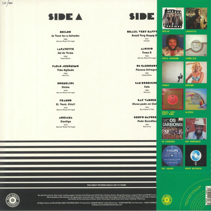 Portada trasera del vinilo "Disco É Cultura Vol. 1". Incluye lista de canciones, créditos y detalles del LP compilado por Mad About Records.