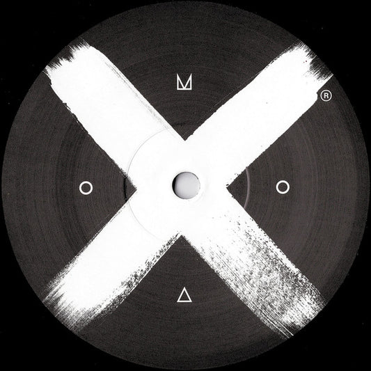 Etiqueta del vinilo Varios Artistas – Moxa Vol. 1 | Follow The X (Rebirth, 12", Sampler) con diseño artístico en negro y una gran X blanca texturizada en el centro, acompañada de símbolos minimalistas.