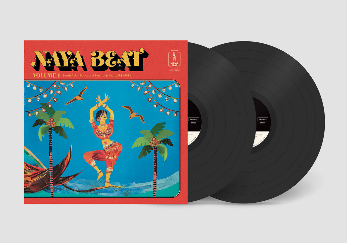 Imagen de los vinilos de Varios Artistas – Naya Beat Volume 1 (South Asian Dance And Electronic Music 1983-1992), doble vinilo negro LP parcialmente fuera de la funda, edición compilación de Naya Beat Records.