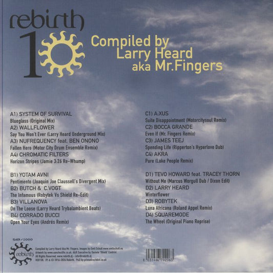 Contraportada del vinilo Varios Artistas – Rebirth 10 Selected by Larry Heard aka Mr. Fingers, mostrando listado completo de pistas y créditos sobre fondo de nubes, sello Rebirth.