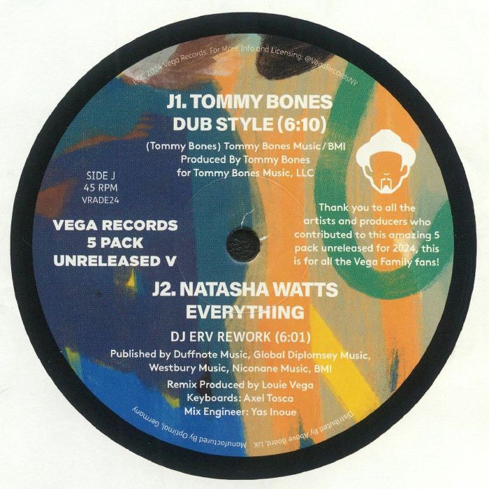 Contraportada del vinilo V.A. – Vega Records 5 Pack Unreleased V, publicado por Vega Records en formato 5xLP. Muestra el tracklist y créditos de producción.