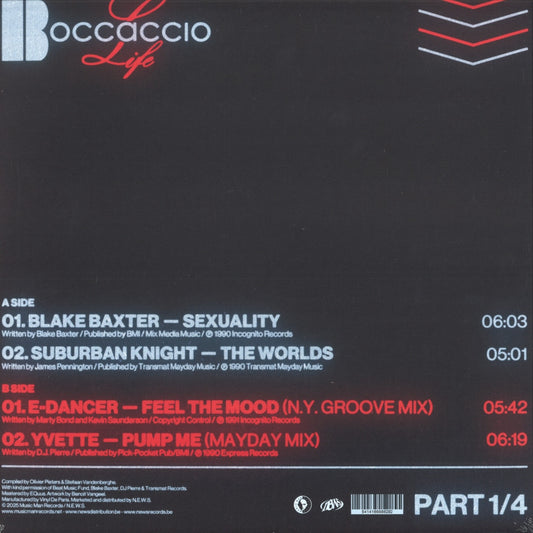 Contraportada del vinilo Varios Artistas – Boccaccio Life 1987-1993 (Part 1/4) con créditos, duración y listado de temas de Blake Baxter, Suburban Knight, E-Dancer y Yvette.