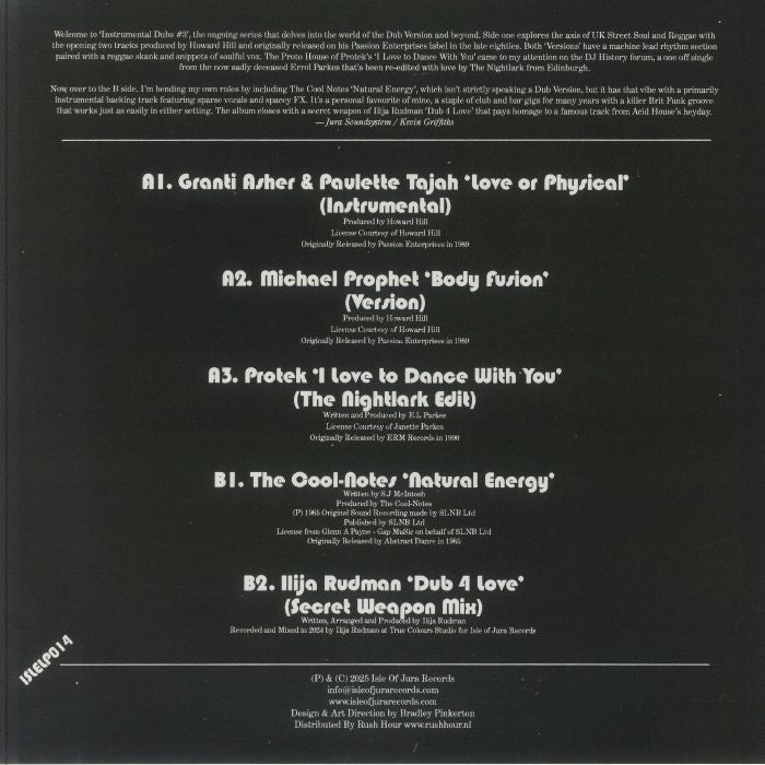 Contraportada del vinilo "Instrumental Dubs #3" de Varios Artistas en LP de Isle Of Jura. Incluye la lista de canciones, créditos de producción y detalles del lanzamiento.
