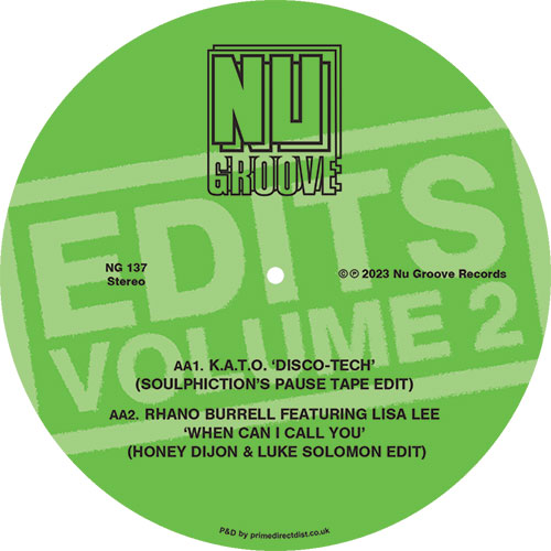 Portada trasera del vinilo con la lista del lado B del 12" Varios Artistas – Nu Groove Edits Volume 2 de Nu Groove Records. Texto impreso: edits de Soulphiction y Honey Dijon con Luke Solomon.