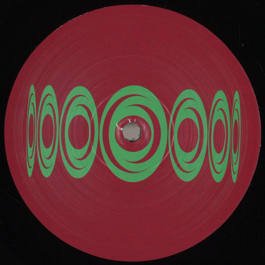 Etiqueta central lado B del vinilo 12" Varios Artistas – The Evolution Phase Five en Visions Recordings con arte geométrico circular verde sobre fondo rojo.