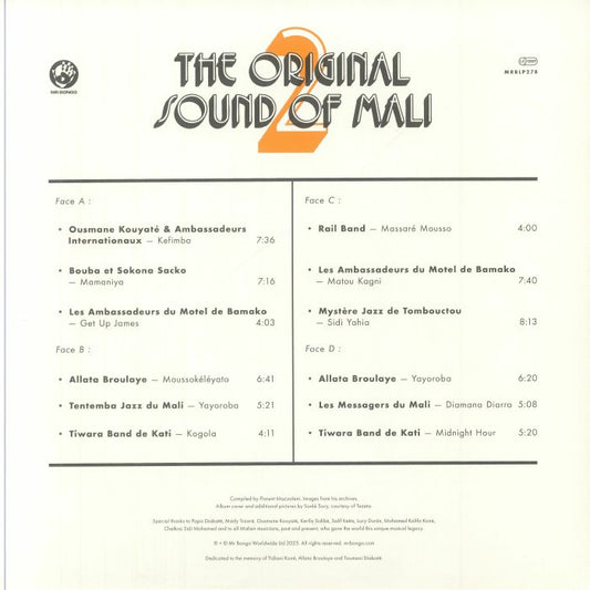 Portada trasera del vinilo Varios Artistas – The Original Sound Of Mali 2 de Mr Bongo. Lista de canciones, créditos y detalles del álbum en diseño limpio.