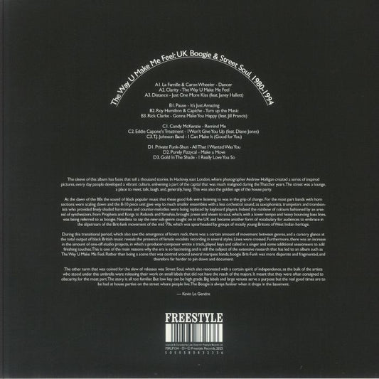 Contraportada del vinilo Varios Artistas – The Way U Make Me Feel: UK Boogie & Street Soul, 1980-1994 de Freestyle Records con créditos, listado de pistas y texto curatorial en diseño circular sobre fondo negro.