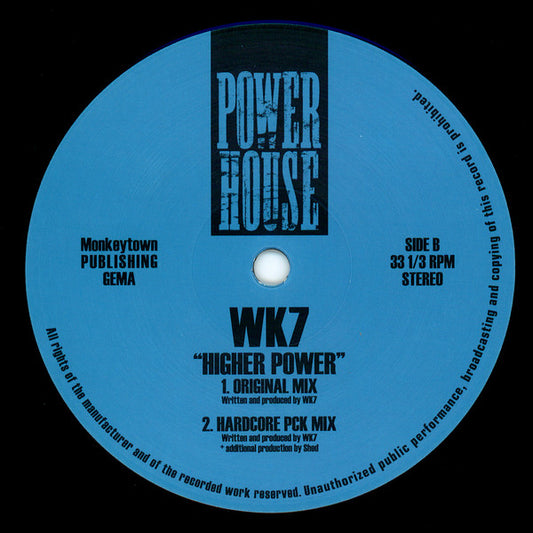 Vinilo azul del disco WK7 – The Avalanche con la etiqueta del lado B de Power House y las mezclas de Higher Power a 33 1/3 RPM con créditos visibles.