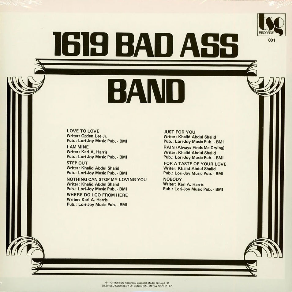 Contraportada del vinilo 1619 Bad Ass Band – 1619 Bad Ass Band, con créditos y marco negro sobre fondo crema.