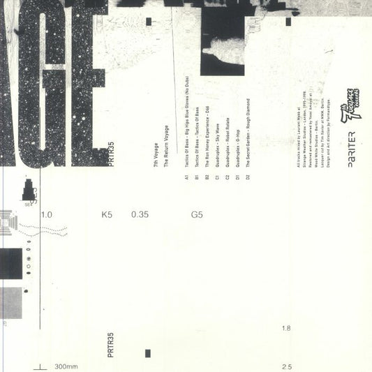 Portada trasera del vinilo 7th Voyage - The Return Voyage (Pariter, doble 12"). Muestra el tracklist, créditos y detalles gráficos con estética experimental.