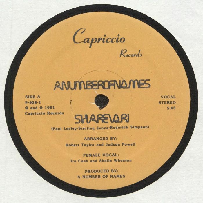 Portada delantera del vinilo A Number of Names - Sharevari publicado por Capriccio Records en formato 12". Diseño minimalista con el logo del sello y créditos de producción.