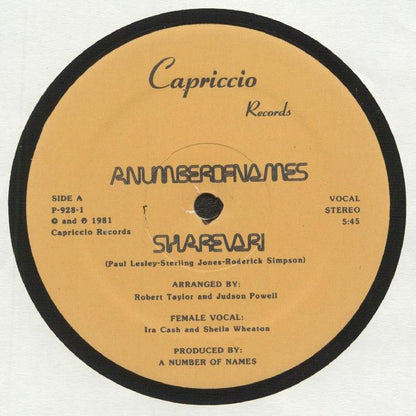 Portada delantera del vinilo A Number of Names - Sharevari publicado por Capriccio Records en formato 12". Diseño minimalista con el logo del sello y créditos de producción.