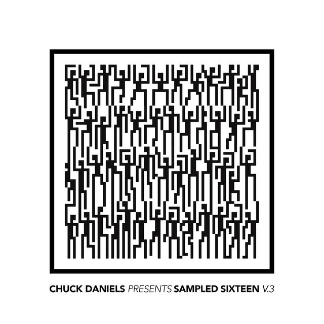 Portada del vinilo Varios Artistas – Sampled Sixteen V.3, con diseño geométrico negro y presentación de Chuck Daniels.
