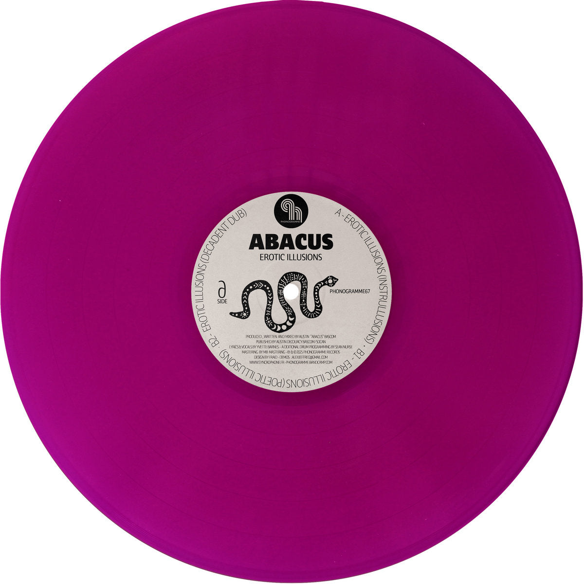 Lado A del vinilo 12" Abacus – Erotic Illusions en sello Phonogramme, etiqueta blanca con ilustración de serpiente, texto A-side e instrumental.