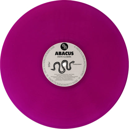 Lado A del vinilo 12" Abacus – Erotic Illusions en sello Phonogramme, etiqueta blanca con ilustración de serpiente, texto A-side e instrumental.