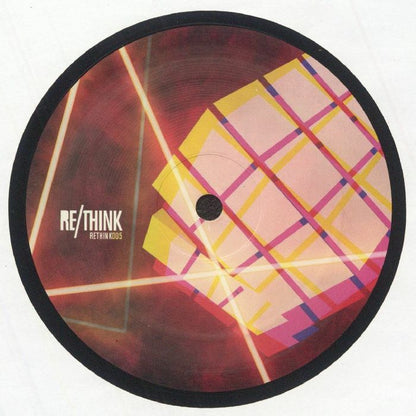 Etiqueta central del vinilo Abacus & Haf S – Analogue Stories Vol 4 en formato 12" de Re:Think Recordings, lado B con diseño geométrico colorido y logo destacado sin información de pistas.
