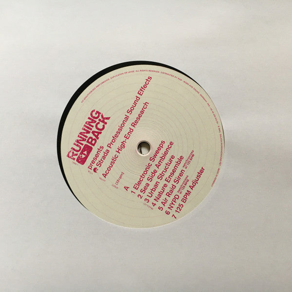 Etiqueta del Lado A del vinilo de Acoustic High-End Research – Running Back Presents Strada Professional Sound Effects. Contiene siete pistas con efectos de sonido.