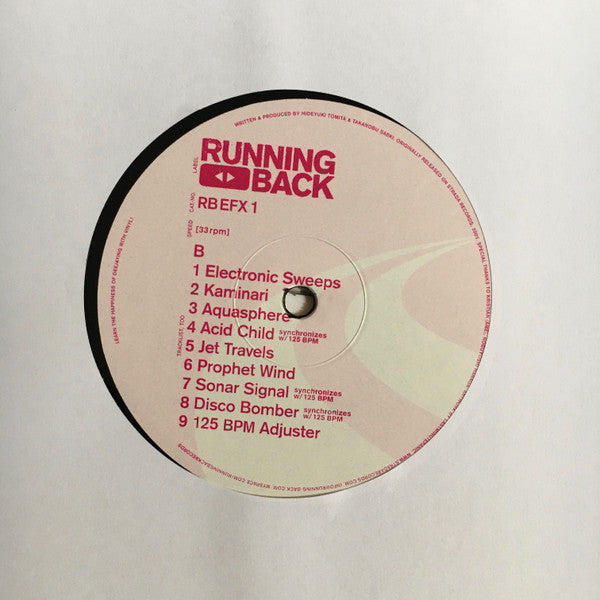 Etiqueta del Lado B del vinilo de Acoustic High-End Research – Running Back Presents Strada Professional Sound Effects. Nueve pistas con sonidos únicos y experimentales.