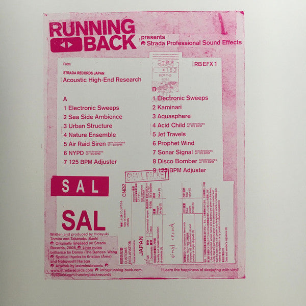 Vinilo de Acoustic High-End Research – Running Back Presents Strada Professional Sound Effects, lanzado por Running Back. Diseño en tonos rosados con el logo del sello.