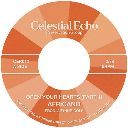 Lado A del vinilo Africano – Open Your Hearts, etiqueta Celestial Echo con CER010, 2:38, 45RPM y “Part 1” prod. Arthur Cole.